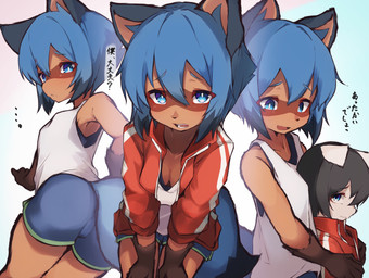 abstract_background anthro blue_bottomwear blue_clothing blue_eyes blue_hair blue_shorts bottomwear brown_body brown_fur butt butt_pose clothed clothing dolphin_shorts down_blouse female fur hair jacket looking_at_viewer open_mouth pose red_clothing red_jacket red_topwear shirt shorts simple_background smile tail text topwear white_clothing white_shirt white_topwear tabhead brand_new_animal studio_trigger michiru_kagemori canid canine mammal raccoon_dog tanuki 2020 absurd_res digital_media_(artwork) hi_res japanese_text translated