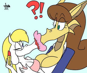 anthro breasts cleavage clothed clothing duo female female/female glue hair interrobang kissing lips lipstick makeup pink_lipstick red_lipstick stretched_lips thick_lips jamearts mythology rebecca_torres bovid caprine dragon goat mammal mythological_creature mythological_scalie scalie 2019 6:5 digital_media_(artwork) flat_colors hi_res