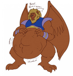 anthro armor belly big_belly black_nose blonde_hair brown_body brown_fur burping dialogue fur hair hand_on_belly huge_belly male male_pred mane oral_vore rumbling_stomach same_size_vore solo struggling struggling_prey text vore wings eggo21 disney gargoyles leo_(gargoyles) felid gargoyle lion mammal pantherine digital_media_(artwork) hi_res