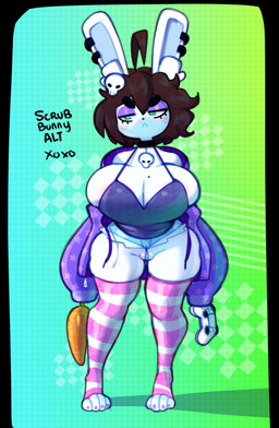 abstract_background anthro big_breasts bottomwear breasts brown_hair cleavage clothed clothing controller curvy_figure denim denim_bottomwear denim_clothing denim_shorts ear_piercing ear_ring eyelashes eyeshadow female fur game_controller hair huge_breasts huge_hips huge_thighs jacket legwear long_ears makeup markings mole_(marking) pattern_clothing pattern_legwear pattern_stockings piercing purple_eyeshadow ring_piercing shirt short_hair shorts solo stockings striped_clothing striped_legwear striped_stockings stripes tank_top teal_eyes thick_thighs topwear voluptuous voluptuous_anthro voluptuous_female white_body white_fur wide_hipped_anthro wide_hipped_female wide_hips somescrub scrub_(somescrub) lagomorph leporid mammal rabbit 2024 digital_drawing_(artwork) digital_media_(artwork) hi_res