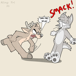allcaps angry anthro antlers black_text briefs brown_body brown_fur clothing duo fur grey_text horn humiliation male male/male monotone_briefs monotone_clothing monotone_underwear open_mouth profanity red_text simple_background speech_bubble tan_body tan_fur text throwing_object throwing_underwear tighty_whities toony underwear underwear_on_face white_briefs white_clothing white_underwear yellow_background king-triangle canid canine canis deer mammal wolf 1:1 2026 english_text hi_res