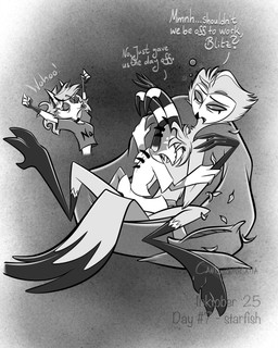 anthro beak bottomwear chest_tuft claws clothed clothing collar dialogue eyes_closed fangs feathers female fist fur group hair horn male mouth_closed multi_eye open_mouth pillow shirt shorts sitting smile spiked_collar spikes spread_legs spreading t-shirt tail tail_feathers teeth text topwear trio tuft wide_eyed atimon hellaverse helluva_boss mythology blitzo_(helluva_boss) loona_(helluva_boss) stolas_(helluva_boss) avian canid canid_demon canine demon hellhound imp mammal mythological_canine mythological_creature 2025 4:5 digital_media_(artwork) hi_res monochrome signature