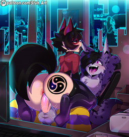 anthro anthro_on_anthro anthro_penetrated anthro_penetrating anthro_penetrating_anthro anus balls big_butt bodily_fluids bottom_heavy bouncing_butt butt cowgirl_position duo from_front_position genitals huge_butt looking_pleasured male male/male male_penetrated male_penetrating male_penetrating_male on_bottom on_top penetration penis saliva sex thick_thighs tongue tongue_out wide_hips stuh_art alifox felid feline lynx mammal animated animated_gif short_playtime
