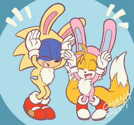 2_tails 5_fingers anthro bunny_costume clothed clothing costume dipstick_tail duo eyes_closed fingers footwear fully_clothed fur gloves handwear markings multi_tail multicolored_body multicolored_clothing multicolored_footwear multicolored_fur open_mouth open_smile pink_clothing pink_tongue pronounced_browridge red_clothing red_footwear smile tail tail_markings tongue two_tone_body two_tone_fur white_body white_clothing white_footwear white_fur white_gloves white_handwear white_tail chana sega sonic_the_hedgehog_(series) miles_prower sonic_the_hedgehog canid canine eulipotyphlan fox hedgehog mammal 2023 dated hi_res signature