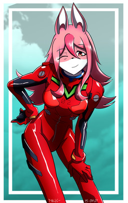 blue_background breasts cosplay female hair long_hair medium_breasts multicolored_body one_eye_closed pink_hair plugsuit red_eyes simple_background smile smirk solo two_tone_body nns brand_new_animal neon_genesis_evangelion studio_trigger asuka_langley_soryu nazuna_hiwatashi animal_humanoid canid canid_humanoid canine canine_humanoid fox_humanoid humanoid mammal mammal_humanoid 2021 absurd_res hi_res signature