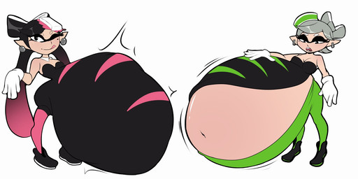 abdominal_bulge belly belly_overhang big_belly black_clothing black_eyes black_footwear black_hair black_shoes black_topwear bottomwear breasts clothing digestion duo ear_piercing eyebrows eyelashes female footwear gloves green_bottomwear green_clothing green_hat green_headwear green_pants grey_hair hair hand_on_belly hand_on_own_belly handwear hat headgear headwear huge_belly humanoid_pointy_ears hyper hyper_belly looking_at_viewer markings mole_(marking) motion_lines navel not_furry one_eye_closed open_mouth pants piercing pink_bottomwear pink_clothing pink_hat pink_headwear pink_pants pink_tongue pointy_ears pseudo_hair red_mouth shoes simple_background smile smiling_at_viewer tan_body tan_ears tan_eyebrows tan_skin teeth tentacle_hair tentacles three-quarter_view tight_clothing tongue tongue_out topwear vore white_background white_clothing white_eyebrows white_gloves white_handwear wink winking_at_viewer green_glutton nintendo splatoon callie_(splatoon) marie_(splatoon) animal_humanoid aquatic aquatic_humanoid cephalopod cephalopod_humanoid humanoid inkling mollusk mollusk_humanoid 2024 colored digital_media_(artwork) flat_colors hi_res cousins_(lore)