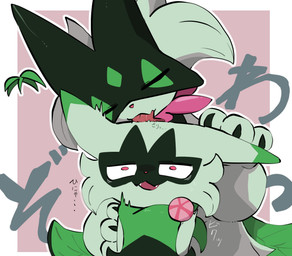 3_fingers ambiguous_gender anthro claws cute_fangs duo fangs finger_claws fingers flower_(anatomy) fur green_body green_ears green_fur head_lick jagged_mouth mask open_mouth personal_grooming pink_eyes pink_nose shaking shivering social_grooming teeth text tongue tongue_out letaslettuce nintendo pokemon felid feline floragato generation_9_pokemon mammal meowscarada pokemon_(species) 2026 hi_res japanese_text