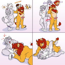 anthro anthro_on_anthro areola balls biped blue_eyes bodily_fluids breast_fondling breast_play breasts countershading cum cum_inside duo_focus erection female female_anthro fondling front_view fur genital_fluids genitals grey_body grey_fur group hair hand_on_breast hand_on_own_breast knot looking_pleasured lying male male/female male_anthro motion_lines nipples nude nude_anthro nude_female nude_male on_back on_ground on_side orange_body orange_fur pawpads penetration penis pink_body pink_fur purple_eyes purple_nose purple_pawpads rear_view red_hair self_fondle sex standing suit_transformation tail tail_motion tail_whip takeover tan_body tan_countershading transformation white_body white_countershading white_fur white_hair katzenfaust asher_fox_(asherfox94) blacktedy_(blacktedy) leo_caron_(asherfox94) leo_trinity_(asherfox94) felid lion mammal pantherine 1:1 2022 absurd_res colored comic hi_res pictographics