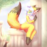 anthro biped black_body black_fur blue_eyes claws female fence fur genitals grass hair nude orange_body orange_fur outside plant purple_hair pussy sitting solo tree wood hazukikai noel_(hazukikai) canid canine fox mammal 1:1 2014 hi_res