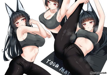 bangs bare_shoulders big_breasts black_bottomwear black_clothing black_hair black_pants blunt_bangs blush blush_lines bodily_fluids bottomwear bra breasts cleavage clothed clothing exercise exercise_clothing female flexible hair inner_ear_fluff long_hair lying midriff multiple_poses navel on_back pants pose pupils raised_arms raised_leg red_hair simple_background solo splits sports_bra spread_legs spreading steamy_breath stretching sweat sweaty_body sweaty_skin text tight_bottomwear tight_clothing tight_pants tuft underwear white_background white_pupils yoga yoga_mat yoga_pants kukiyuusha mihoyo zenless_zone_zero hoshimi_miyabi animal_humanoid canid canid_humanoid canine canine_humanoid fox_humanoid humanoid mammal mammal_humanoid thiren digital_drawing_(artwork) digital_media_(artwork) english_text watermark