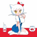 1:1 absurd_res alternate_species animal_humanoid bow_(feature) bow_accessory breasts cat_humanoid clothing duo ear_bow eyelashes felid felid_humanoid feline feline_humanoid female feral fish footwear hair hello_kitty_(character) hello_kitty_(series) hi_res humanoid humanoid_focus humanoidized legwear long_socks looking_at_viewer mammal mammal_humanoid marine milk minus8 overalls sanrio shirt simple_background socks solo_focus topwear white_background white_hair yellow_eyes