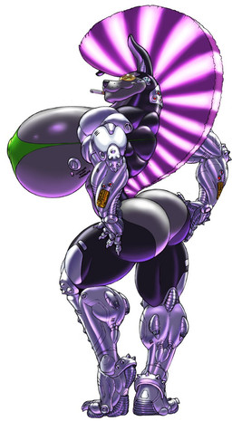 anthro biceps big_breasts breasts butt cigarette clothing cybernetics eyewear female future huge_breasts hyper hyper_breasts looking_at_viewer machine mohawk muscular muscular_anthro muscular_female nipple_outline simple_background solo visor gideon canid canine cyborg mammal 2018 hi_res