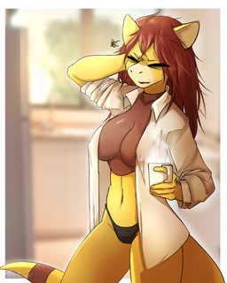 anthro anthrofied beverage big_breasts breasts brown_body brown_fur brown_hair camel_toe clothed clothing collared_shirt container cup eyes_closed female fur hair holding_beverage holding_container holding_cup holding_mug holding_object light long_hair morning mug nipple_outline no_bra open_clothing open_shirt open_topwear panties pokemorph shirt solo standing sunlight thick_thighs topwear underwear yellow_body yellow_fur fredory nintendo pokemon ashley_(mrhg) fan_character abra generation_1_pokemon mammal pokemon_(species) 4:5 digital_media_(artwork)