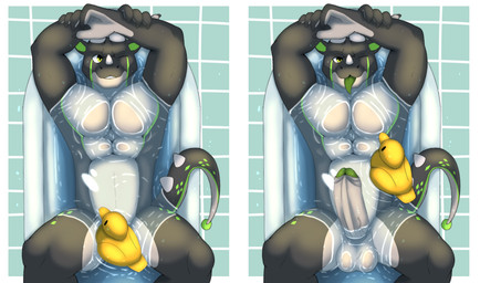 anthro balls bath bathtub big_penis black_body erection foreskin genitals green_tongue hands_above_head humanoid_genitalia humanoid_penis looking_at_viewer lying male muscular muscular_anthro muscular_male nude on_back one_eye_closed penis rubber_duck solo tail tongue tongue_out wet wink vitaly4321 mythology dragon mythological_creature mythological_scalie scalie hi_res