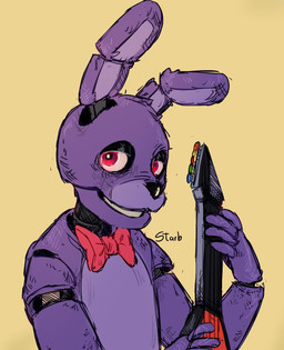 anthro black_nose bow_tie dipstick_ears ear_markings electric_guitar fingers guitar half-closed_eyes machine male multicolored_ears musical_instrument narrowed_eyes plucked_string_instrument purple_body simple_background smile solo standing string_instrument yellow_background skeletoninthemelonland five_nights_at_freddy's scottgames bonnie_(fnaf) animatronic lagomorph leporid mammal rabbit robot 2020 hi_res male_(lore)