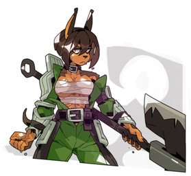 anthro axe belt bodily_fluids breasts brown_body brown_fur brown_hair chest_wraps clothed clothing collar female fur hair melee_weapon open_clothing open_shirt open_topwear shirt short_hair simple_background solo sweat topwear under_boob weapon white_background wraps cpthamburger dog_knight_rpg rory_(ceehaz) canid canine canis domestic_dog mammal 2021