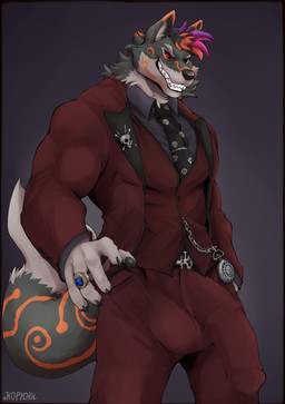 anthro big_bulge big_muscles biped black_sclera bulge clock clothed clothing detailed_bulge erection erection_under_clothing genital_outline huge_bulge male male_anthro muscular muscular_anthro muscular_male penis_outline pocketwatch red_eyes solo suit watch kopyorh asmodegan canid canine demon fox hybrid mammal absurd_res hi_res