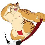 anthro asian_clothing belly brush bulge clothing east_asian_clothing fundoshi humanoid_hands ink_brush japanese_clothing kemono male moobs navel nipples overweight overweight_male pink_nose red_clothing red_fundoshi red_underwear simple_background solo underwear white_background k_gutless felid mammal pantherine tiger 1:1 2022 hi_res