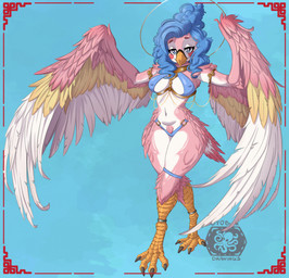 anklet anthro armlet bikini biped bird_legs blue_background blue_eyes blue_hair blush breasts clothing covered_nipples eyelashes feathered_wings feathers feet female front_view gold_(metal) gold_jewelry hair jewelry long_eyelashes looking_at_viewer medium_breasts multicolored_body navel nipple_outline o-ring pink_body pubes scuted_feet scuted_legs scutes simple_background small_waist solo swimwear tail tail_feathers talons thick_thighs toes two-piece_swimsuit white_body wide_hips winged_arms wings ottobum european_mythology greek_mythology mythology avian harpy mythological_avian mythological_creature 2026 absurd_res cel_shading digital_drawing_(artwork) digital_media_(artwork) hi_res shaded