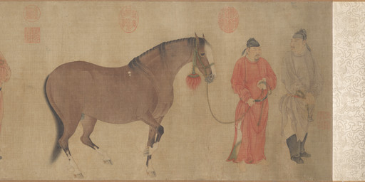 animal_genitalia asian_clothing balls beard belt biped blaze_(marking) boots brown_body chinese_clothing clothed clothed_human clothed_male clothing east_asian_clothing facial_hair facial_markings feral footwear fully_sheathed genitals group halter hanfu hat head_markings headgear headwear holding_leash holding_object hooves leash male male_feral male_human mane markings mustache quadruped raised_hoof robe sheath shoes side_view simple_background standing tail tassels three-quarter_view unguligrade ren_renfa public_domain equid equine horse human mammal 14th_century absurd_res ancient_art hi_res huge_filesize painting_(artwork) traditional_media_(artwork) traditional_painting_(artwork)