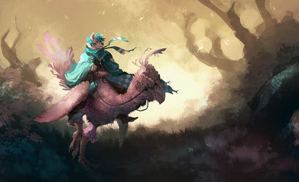 biped bipedal_feral blue_hair blue_nose clothing detailed_background duo feral fur hair male nature outside riding scarf straddling white_body white_fur centradragon hockeywolf avian bird canid canine canis mammal wolf digital_media_(artwork) digital_painting_(artwork) painting_(artwork)