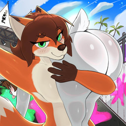 anthro big_butt brown_hair butt carrying_another carrying_partner duo friends_with_benefits fur green_body hair huge_butt male male/male multicolored_body multicolored_fur shoulder_carry tongue tongue_out epic_derzito nintendo splatoon gabby_summers_(oc) hypno_ashe_(oc) canid canine lagomorph leporid mammal rabbit 1:1 hi_res