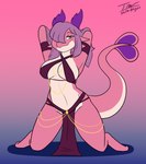 anthro breasts chain_accessory clothing convenient_censorship female green_eyes hair hands_behind_head kneeling nipple_outline pink_body purple_clothing purple_hair solo prate-dragon nora_(stove2) kobold scalie hi_res meme