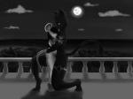 anthro balcony bodily_fluids cloud crying detailed_background duo ear_piercing ear_ring female full_moon hug male moon night nude piercing ring_piercing romantic romantic_ambiance rooftops sad sea tattoo tears town water ruanshi tatosi_wyrdghost_(character) felid mammal murid murine pantherine rat rodent 4:3 hi_res monochrome