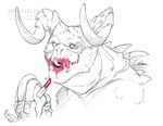 ambiguous_gender bethesda_softworks big_claws claws curved_horn deathclaw endivinity fallout horn lipstick makeup microsoft scalie selective_coloring simple_background sketch smile solo tongue tongue_out watermark white_background