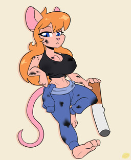 3_toes anthro barefoot big_breasts blue_eyes breasts cigarette claws cleavage clothed clothing dirty feet female fur hair long_hair looking_at_viewer micro midriff navel nipple_outline orange_hair pink_nose plantigrade shirt simple_background soles solo tan_body tan_fur tank_top toes topwear lemondude chip_'n_dale_rescue_rangers disney gadget_hackwrench mammal mouse murid murine rodent