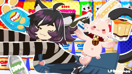 :3 >_< >o< bell bell_collar beverage black_hair chips_(food) clothing collar eyes_closed female food hair legwear long_sleeves overalls pattern_clothing purple_hair snaggle_tooth soda solo striped_clothing stripes thigh_highs yellow_eyes lp8000mao pringles animal_humanoid cat_humanoid felid felid_humanoid feline feline_humanoid humanoid mammal mammal_humanoid 16:9 animated no_sound short_playtime video widescreen