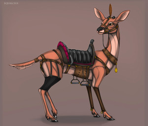 bdsm bit_gag black_nose bondage bound bridle brown_background brown_eyes clothing collar eyelashes feathers female feral fur gag garter_straps genitals harness hooves leather legwear looking_back mount multicolored_body multicolored_fur petplay ponyplay reins roleplay saddle simple_background solo stockings submissive submissive_female submissive_feral tan_body tan_fur two_tone_body two_tone_fur vulva zipper equalicus deer mammal