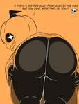 anthro big_butt black_body butt clothing for_a_head glistening glistening_eyes holidays male presenting presenting_hindquarters pressed_against pumpkin_head robe seductive showing_butt simple_background smile solo text thick_thighs cappuchino halloween fan_character object_head absurd_res english_text hi_res