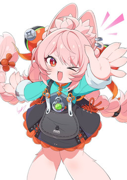 5_fingers ahoge anthro blush braided_pigtails claws clothed clothed_anthro clothed_female clothing dress ear_piercing ear_ring female fingers flat_chested fully_clothed fully_clothed_anthro fully_clothed_female fur gesture hair inner_ear_fluff one_eye_closed piercing pink_body pink_fur pink_hair red_eyes ring_piercing simple_background tuft waving white_background kamuraaa_615 mihoyo zenless_zone_zero zhao_(zenless_zone_zero) lagomorph leporid mammal rabbit thiren 2026 hi_res portrait three-quarter_portrait