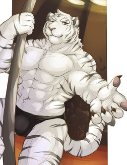 abs anthro athletic biceps big_muscles blue_eyes claws clothed clothing dancing fur holding_fixture leucistic looking_at_viewer male muscular muscular_anthro muscular_male one_eye_closed paws pecs pole smile solo stripes stripper topless underwear white_body white_fur wink cinna-tree felid mammal pantherine tiger hi_res