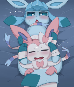ambiguous_gender anthro bed blue_body blue_ears blue_eyes blue_tail blush duo feral fur furniture open_mouth pink_ears simple_background sleeping sound_effects tail vowelless vowelless_sound_effect white_body zzz nacl_chicken nintendo pokemon eeveelution generation_4_pokemon generation_6_pokemon glaceon pokemon_(species) sylveon absurd_res colored digital_drawing_(artwork) digital_media_(artwork) hi_res shaded