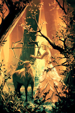 ambiguous_gender blonde_hair branch clothed clothing detailed_background dress duo eyes_closed female feral forest grass hair harp leaf musical_instrument nature outside plant playing_music plucked_string_instrument standing string_instrument tree aquasixio deer human mammal new_world_deer reindeer 2:3 orange_theme