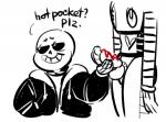 balls bone clothed clothing dialogue duo erection food genitals humanoid_genitalia humanoid_penis machine male male/male not_furry open_mouth penis simple_background skeleton smile text hotlegmeme undertale undertale_(series) mettaton mettaton_ex sans_(undertale) animated_skeleton humanoid robot undead 2016 digital_media_(artwork) english_text