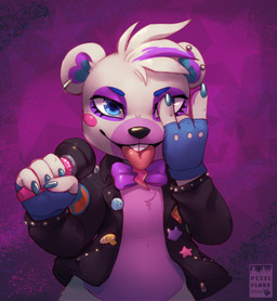 4_fingers ambiguous_gender anthro black_clothing black_jacket black_nose black_topwear blue_claws blue_clothing blue_eyebrows blue_eyes blue_gloves blue_handwear bow_tie buckteeth claws clothed clothing countershading devil_horns_(gesture) ear_piercing electronics eyebrows eyelashes fingerless_gloves fingers front_view fur gesture gloves hair hand_gesture handwear holding_microphone holding_object jacket looking_at_viewer microphone open_clothing open_jacket open_topwear piercing pink_body pink_countershading pink_fur purple_background short_hair simple_background solo teeth tongue tongue_out topwear white_body white_fur pixelflare five_nights_at_freddy's five_nights_at_freddy's:_security_breach scottgames steel_wool_studios helpy_(fnaf) bear mammal 2022 digital_drawing_(artwork) digital_media_(artwork) hi_res shaded watermark male_(lore)