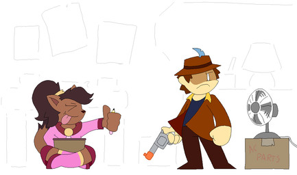 aged_up anthro bottomwear brown_body brown_fur brown_hair clothed clothing cowboy_hat crossed_legs drawing_(action) drawing_tablet duo electronics female fur gun hair handgun hat headgear headwear holding_gun holding_object holding_ranged_weapon holding_weapon jacket lamp legwear male pale_skin pants pencil_(object) ponytail pose ranged_weapon revolver simple_background sitting skirt standing stockings tail tongue tongue_out topwear weapon anonymous_artist unknown_artist deltarune deltarune_yellow undertale undertale_(series) undertale_yellow cole_(deltarune_yellow) kanako_ketsukane canid canine fox human mammal