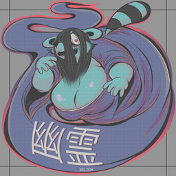 5_fingers anthro big_breasts black_body black_fur black_hair breasts cleavage clothed clothing female fingers fur ghost_tail green_body green_fur grey_background hair hair_over_face heart_eyes heart_symbol huge_breasts markings obese obese_anthro obese_female overweight overweight_anthro overweight_female simple_background solo striped_markings striped_tail stripes tail tail_markings text seldom hanako_(seldom) canid canine ghost mammal raccoon_dog spirit tanuki 1:1 english_text hi_res japanese_text signature translated