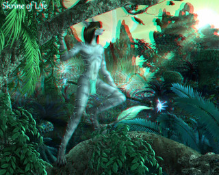 anthro black_hair bottomwear clothing detailed_background fern forest fur grey_body grey_fur hair in_tree jungle light light_beam loincloth long_hair looking_aside male markings plant skinny_male solo sunbeam sunlight title tree selker selker_ari alien ambient_flier canid canine canis jackal mammal sindaraye 2009 5:4 anaglyph hi_res stereogram