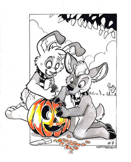 anthro clothing duo floppy_ears food fruit glistening glistening_eyes happy kneeling logo male mouth_closed open_mouth open_smile pattern_clothing pattern_scarf plant pumpkin scarf smile striped_clothing striped_scarf stripes tongue tongue_out young young_anthro young_male pandapaco buckleythedeer deer lagomorph leporid mammal rabbit 2017 artist_logo dated partially_colored signature