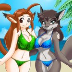 anthro beach bikini breasts cleavage clothed clothing duo female hair seaside smile swimwear two-piece_swimsuit nekonny caribbean_blue shazetta yuki_(caribbean_blue) canid canine canis humanoid mammal wolf 1:1