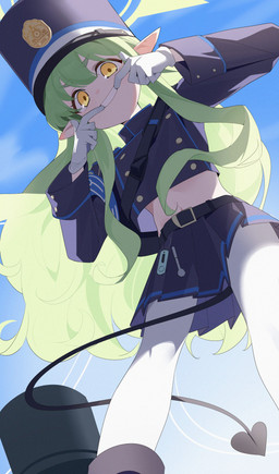 blue_clothing blue_hat blue_headwear bottomwear clothing female female_humanoid gloves green_hair hair halo handwear hat headgear headwear heart_tail legwear midriff navel pantyhose pointy_ears prick_ears pulling_mouth skirt tail teeth white_clothing white_gloves white_handwear white_legwear white_pantyhose yellow_eyes young young_female young_humanoid wako-san blue_archive hikari_(blue_archive) demon demon_humanoid humanoid tailed_humanoid absurd_res hi_res