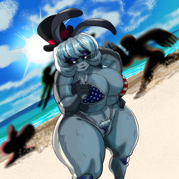 american_flag_bikini anthro beach big_breasts bikini black_sclera breasts clothing female flag_bikini flag_swimwear fur glowing glowing_eyes grey_body grey_fur hair handwear hat headgear headwear light machine pubes rabbit_ears skindentation solo sunlight swimwear thick_thighs top_hat two-piece_swimsuit white_hair wide_hips unknown_artist lunar_shift_stellar_attractions mirae_selene lagomorph leporid mammal rabbit robot robot_anthro 1:1 absurd_res hi_res