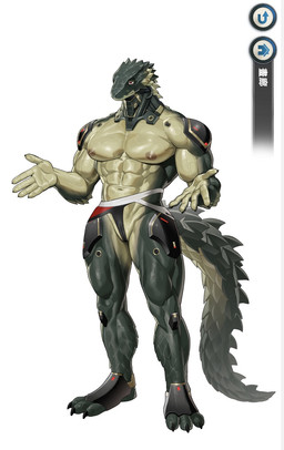 abs anthro biceps clothing cybernetic_arm cybernetic_leg cybernetic_limb faegar male muscular muscular_anthro muscular_male navel pecs simple_background solo swimwear tail text white_background wasp_(artist) lizard lizardman reptile scalie chinese_text hi_res