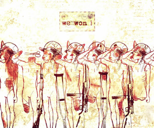 amputee anthro band-aid bandage bandaged_arm bandaged_leg blood bodily_fluids clothing crutch decapitation disability double_amputee eye_patch eyewear featureless_chest featureless_crotch front_view gesture gore group gun hat headgear headless headwear male medical_instrument military military_hat military_uniform missing_all_arms missing_all_legs missing_arm missing_hand missing_head missing_leg missing_limb nude_anthro nude_male postcard ranged_weapon salute scar scientific_instrument simple_background soldier standing text uniform warrior weapon wounded dolcibaldo bovid caprine deer lagomorph leporid mammal rabbit sheep 2026 english_text