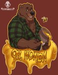 anthro black_nose brown_body brown_fur chest_tuft claws clothing eyebrows fluffy food fur green_clothing green_eyes green_shirt green_topwear grin holding_object honey_(food) honey_pot inner_ear_fluff looking_at_viewer male monotone_body monotone_fur musclegut muscular open_mouth plaid shirt simple_background slightly_chubby smile solo teeth text topwear tuft unbuttoned_shirt bruteandbrawn arthropod bear bee hymenopteran insect mammal 2020 digital_media_(artwork) english_text hi_res