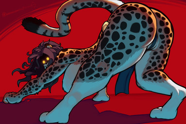 animal_print anthro big_breasts big_butt black_body black_fur bottomwear breasts butt cheetah_print clothing digitigrade female fur glowing glowing_eyes hair hanging_breasts loincloth orange_body paws red_background red_hair simple_background solo white_body white_fur ferrousred dc_comics cheetah_(dc) cheetah felid feline mammal absurd_res hi_res signature